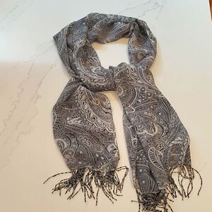 Bellissima Accessories Silk Black & White Paisley Scarf with Beaded Fringe